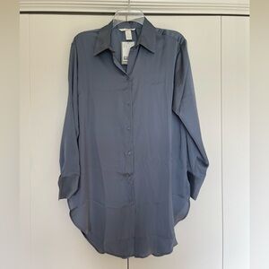 NWT! Blue Satin Oversized Button Down Top Size L